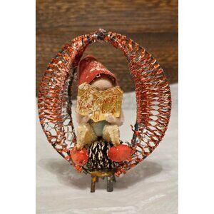 Vintage Shiny Brite Mesh Gnome Christmas Ornament Elf Gnome Dwarf Retro Kitsch